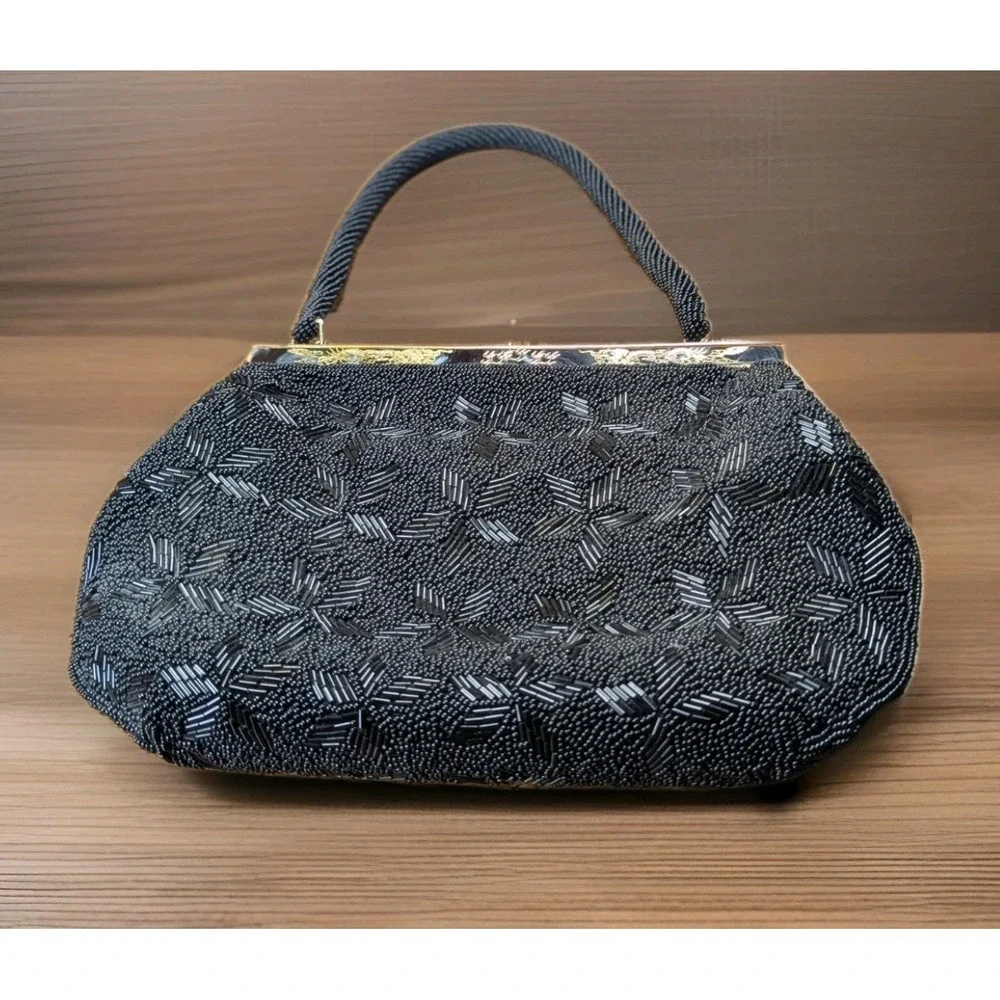 Vintage Beaded Kimono Kiss Lock Purse Pouch Handbag Black Handmade In Hong Kong